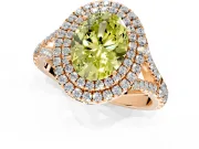 Double Halo Engagement Ring Setting for Fancy Yellow Oval Center with Narrow Pave Split Shank and Prong Head in Rose Gold