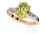 3 Stone Engagement Ring Setting for Fancy Yellow Oval Center with Tapered Baguettes, Plain Band and Prong Head in Rose Gold