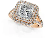 Double Halo Engagement Ring Setting for Princess Cut Center with Narrow Pave Split Shank and Prong Head in Rose Gold
