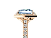 Halo Engagement Ring Setting for Fancy Blue Princess Cut Center with Pave Accents, Heart Basket and Prong Head in Rose Gold