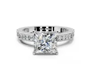 Solitaire Engagement Ring Setting for Princess Cut Center with Milgrain-Edged Pave Band and Prong Head in Platinum