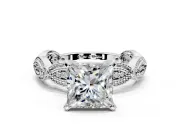 Solitaire Engagement Ring Setting for Princess Cut Center with Marquise Panel Band and Prong Head in Sterling Silver