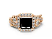 Bypass Halo Engagement Ring Setting for Fancy Black Princess Cut Center with Bezel Accents, Milgrain and Prong Head in Rose Gold
