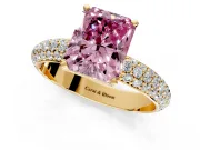 Solitaire Engagement Ring Setting for Fancy Pink Radiant Cut Center with Domed Multi-Row Pave Band and Prong Head in Yellow Gold