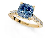 Solitaire Engagement Ring Setting for Fancy Blue Cushion Cut Center with Widening Pave Band and Claw Prong Head in Yellow Gold