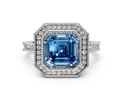 Halo Engagement Ring Setting for Fancy Blue Asscher Cut Center with Milgrain Pave Band and Bezel Head in Platinum