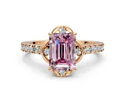 Floral Engagement Ring Setting for Fancy Pink Emerald Cut Center with Pave Band and Floral Prong Head in Rose Gold