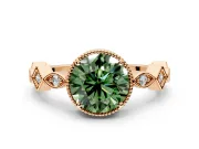 Milgrain Bezel Engagement Ring Setting for Fancy Green Round Cut Center with Marquise Stations and Bezel Head in Rose Gold