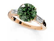 3 Stone Engagement Ring Setting for Fancy Green Round Cut Center with Baguette Accents and Prong Head in Rose Gold
