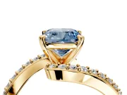 Solitaire Engagement Ring Setting for Fancy Blue Cushion Cut Center with Pave Bypass Swirl Band and Prong Head in Yellow Gold