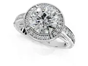 Halo Engagement Ring Setting for Round Cut Center with Framed Halo, Pave Band and Prong Head in Platinum