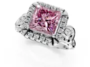 Halo Engagement Ring Setting for Fancy Pink Princess Cut Center with Open Scroll Shoulders and Prong Head in Platinum