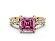 Solitaire Engagement Ring Setting for Fancy Pink Asscher Cut Center with Milgrain-Framed Pave Band and Prong Head in Yellow Gold