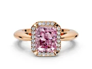 Halo Engagement Ring Setting for Fancy Pink Radiant Cut Center with Tapered Plain Band and Prong Head in Rose Gold