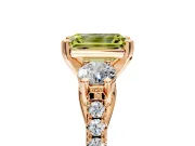 3 Stone Engagement Ring Setting for Fancy Yellow Emerald Cut Center with Crossover Basket, Pave Band and Prong Head in Rose Gold