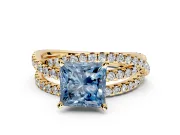 Solitaire Engagement Ring Setting for Fancy Blue Princess Cut Center with Woven 3-Strand Pave Band and Prong Head in Yellow Gold