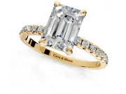 Solitaire Engagement Ring Setting for Emerald Cut Center with Fine Pave Narrow Band and Prong Head in Yellow Gold