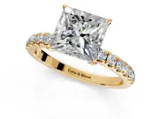 Open Basket Engagement Ring Setting for Princess Cut Center with Pave Band and Prong Head in Yellow Gold