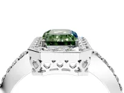 Halo Engagement Ring Setting for Fancy Green Emerald Cut Center with Heart-Shaped Openwork, Pave Band and Prong Head in Sterling Silver