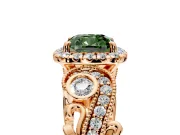 Milgrain Halo Engagement Ring Setting for Fancy Green Cushion Cut Center with Shoulder Bezels and Prong Head in Rose Gold