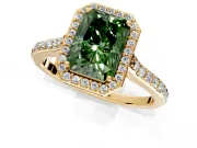 Halo Engagement Ring Setting for Fancy Green Radiant Cut Center with Pave Accents, Heart Basket and Prong Head in Yellow Gold