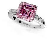 3 Stone Engagement Ring Setting for Fancy Pink Asscher Cut Center with Tapered Baguettes, Plain Band and Prong Head in White Gold