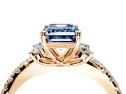 Paired Accent Engagement Ring Setting for Fancy Blue Emerald Cut Center with Pave Band and Prong Head in Rose Gold