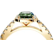 Halo Engagement Ring Setting for Fancy Green Emerald Cut Center with Full Pave Band and Prong Head in Yellow Gold