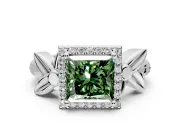 Halo Engagement Ring Setting for Fancy Green Princess Cut Center with Floral Band and Prong Head in White Gold