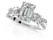 3 Stone Engagement Ring Setting for Emerald Cut Center with Pave Split Shank and Prong Head in Platinum