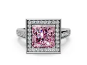 Halo Engagement Ring Setting for Fancy Pink Princess Cut Center with Outer Bezel Rim, Pave Band and Prong Head in White Gold