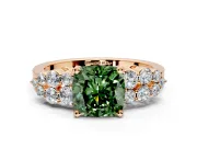 Cluster Engagement Ring Setting for Fancy Green Cushion Cut Center with 2-Row Shoulder Clusters and Prong Head in Rose Gold