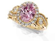 Milgrain Halo Engagement Ring Setting for Fancy Pink Oval Center with Shoulder Bezels and Prong Head in Yellow Gold