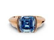Tension Engagement Ring Setting for Fancy Blue Asscher Cut Center with Wide Tapered Band and Tension Head in Rose Gold