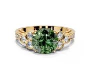 Cluster Engagement Ring Setting for Fancy Green Round Cut Center with Bezel Accent Clusters and Prong Head in Yellow Gold