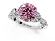 Leaf Motif Engagement Ring Setting for Fancy Pink Round Cut Center with Pave Band and Prong Head in Platinum