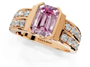 Bezel Engagement Ring Setting for Fancy Pink Emerald Cut Center with Wide Channel-Set Band and Bezel Head in Rose Gold