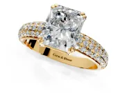 Solitaire Engagement Ring Setting for Radiant Cut Center with Multi-Row Pave Accents and Basket Head in Yellow Gold