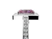 Halo Engagement Ring Setting for Fancy Pink Emerald Cut Center with Framed Halo, Pave Band and Prong Head in Platinum