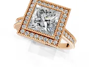 Halo Engagement Ring Setting for Princess Cut Center with Milgrain Pave Band and Bezel Head in Rose Gold