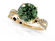 Solitaire Engagement Ring Setting for Fancy Green Round Cut Center with Narrow Twist Pave Band and Prong Head in Yellow Gold