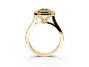 Halo Engagement Ring Setting for Fancy Green Emerald Cut Center with Milgrain Frame, Pave Band and Prong Head in Yellow Gold