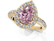 Halo Engagement Ring Setting for Fancy Pink Pear-Shaped Center with Heart-Shaped Openwork, Pave Band and Prong Head in Yellow Gold