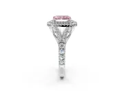 Double Halo Engagement Ring Setting for Fancy Pink Radiant Cut Center with Narrow Pave Split Shank and Prong Head in White Gold