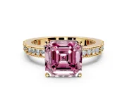 Solitaire Engagement Ring Setting for Fancy Pink Asscher Cut Center with Milgrain-Edged Pave Band and Prong Head in Yellow Gold