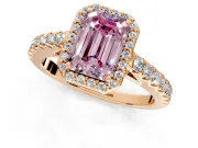 Halo Engagement Ring Setting for Fancy Pink Emerald Cut Center with Full Pave Band and Prong Head in Rose Gold