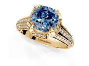 Solitaire Engagement Ring Setting for Fancy Blue Cushion Cut Center with Accented Split Shank and Prong Head in Yellow Gold