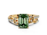 Leaf Motif Engagement Ring Setting for Fancy Green Emerald Cut Center with Pave Band and Prong Head in Yellow Gold