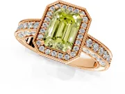 Milgrain Halo Engagement Ring Setting for Fancy Yellow Emerald Cut Center with Wide Pave Band and Prong Head in Rose Gold