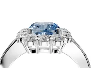 Halo Engagement Ring Setting for Fancy Blue Cushion Cut Center with Milgrain Channel Band and Prong Head in White Gold